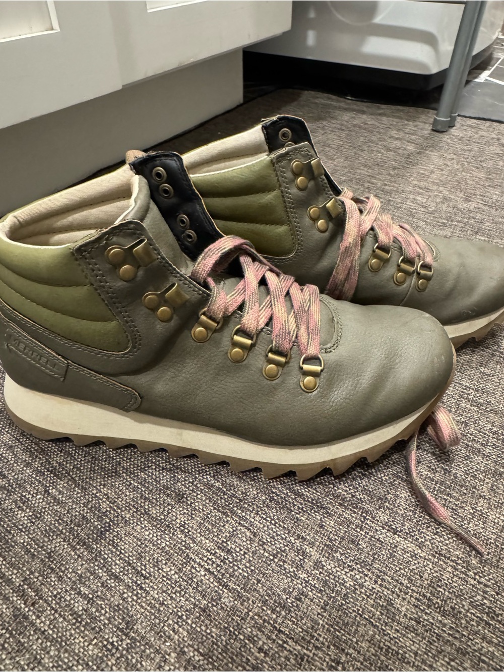 Merrell Olive Green Alpine Lace-Up Hiking Boots with Pink Accent Laces